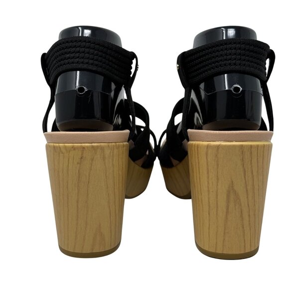 Dr. Scholls Black Blossom Strappy Platform Sandals US 10M Faux Wood Block Heel - Picture 5 of 11